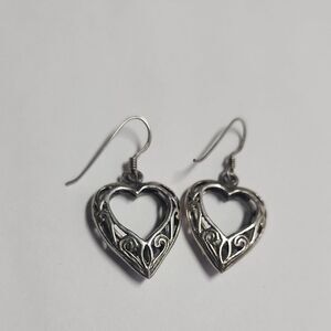vintage sterling silver open heart filigree hook drop dangle earrings 4 g